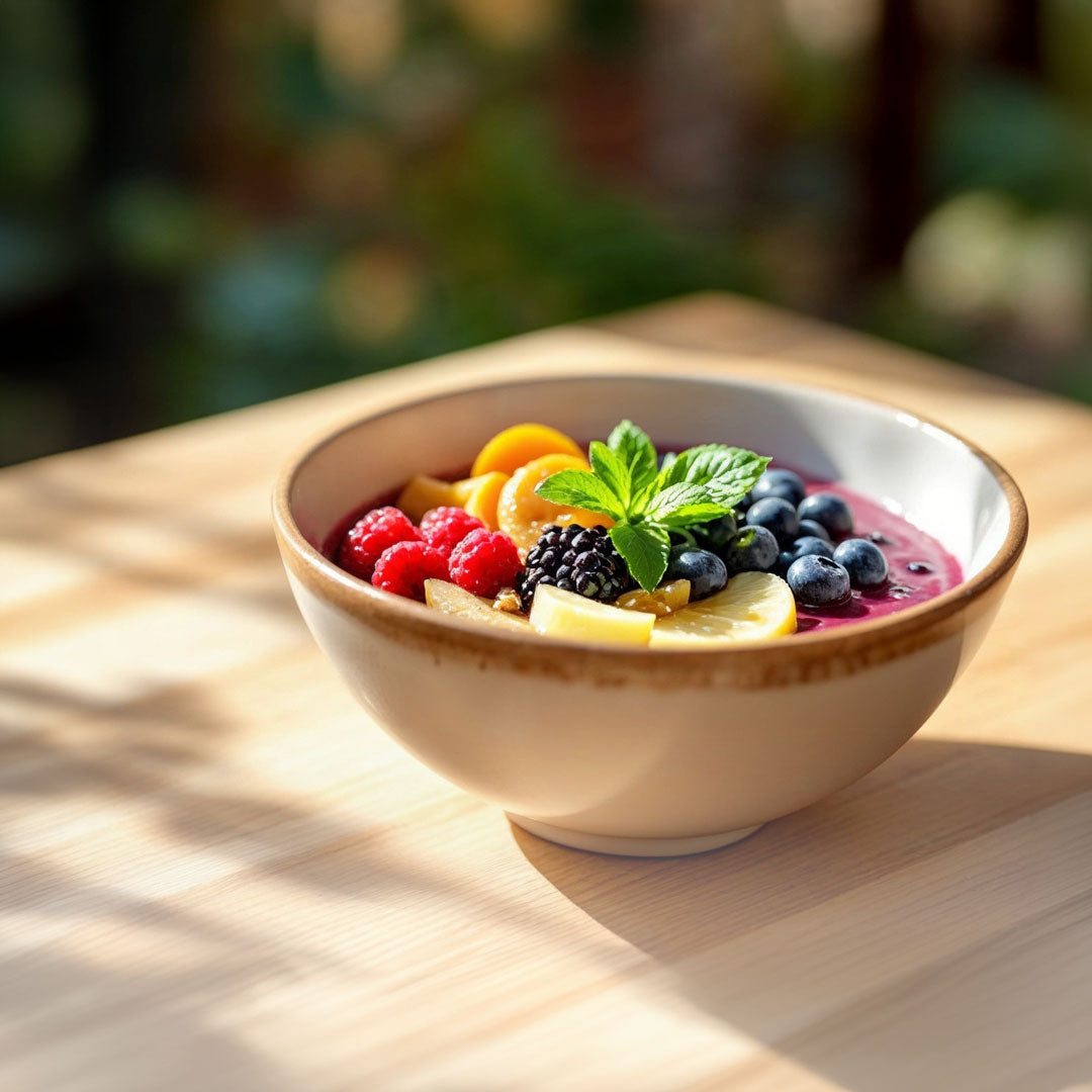 Eine Schüssel mit basischem Frühstück mit Früchten