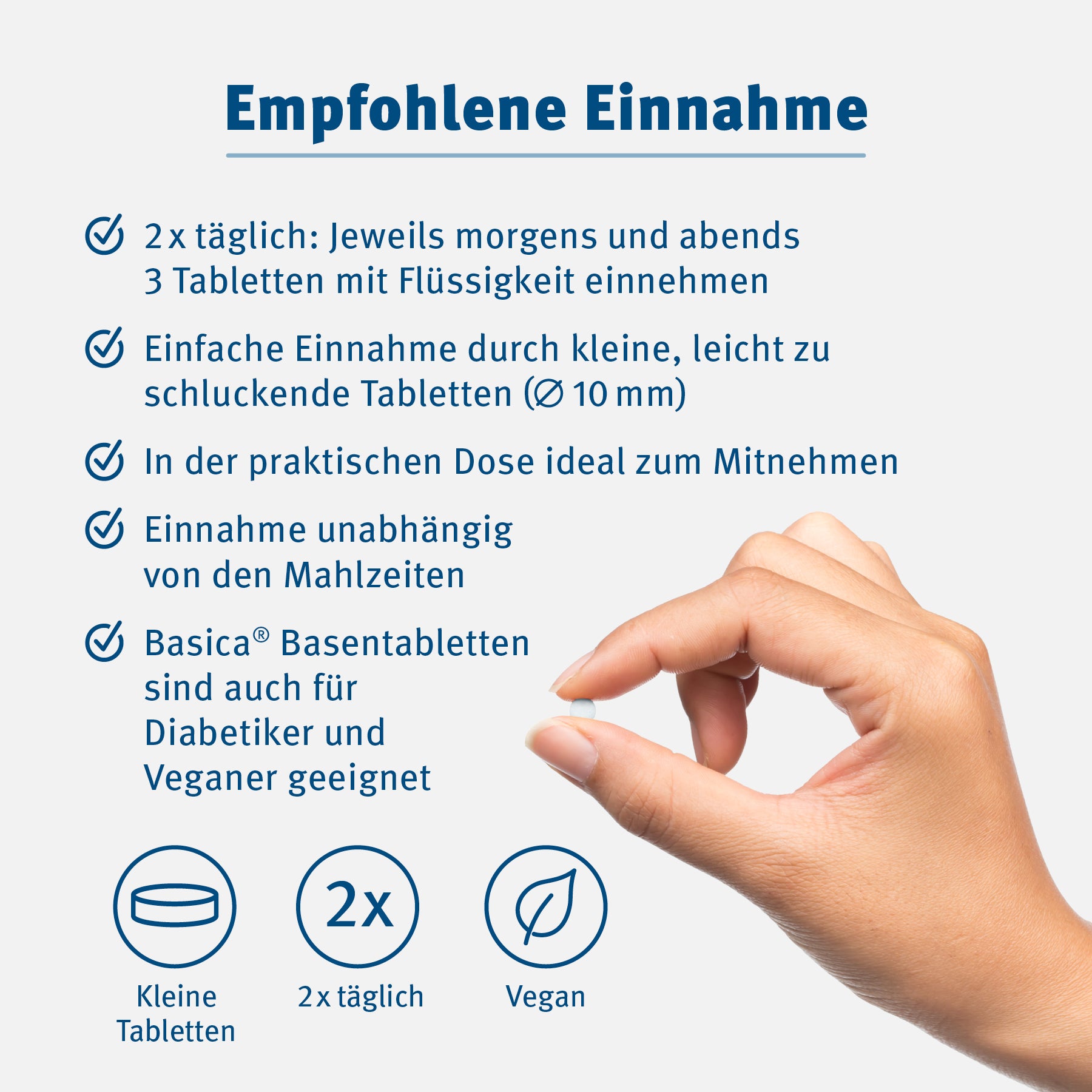 Die empfohlene Einnahme. 2 mal täglich morgens und abends 3 Tabletten mit Flüssigkeit einnehmen.