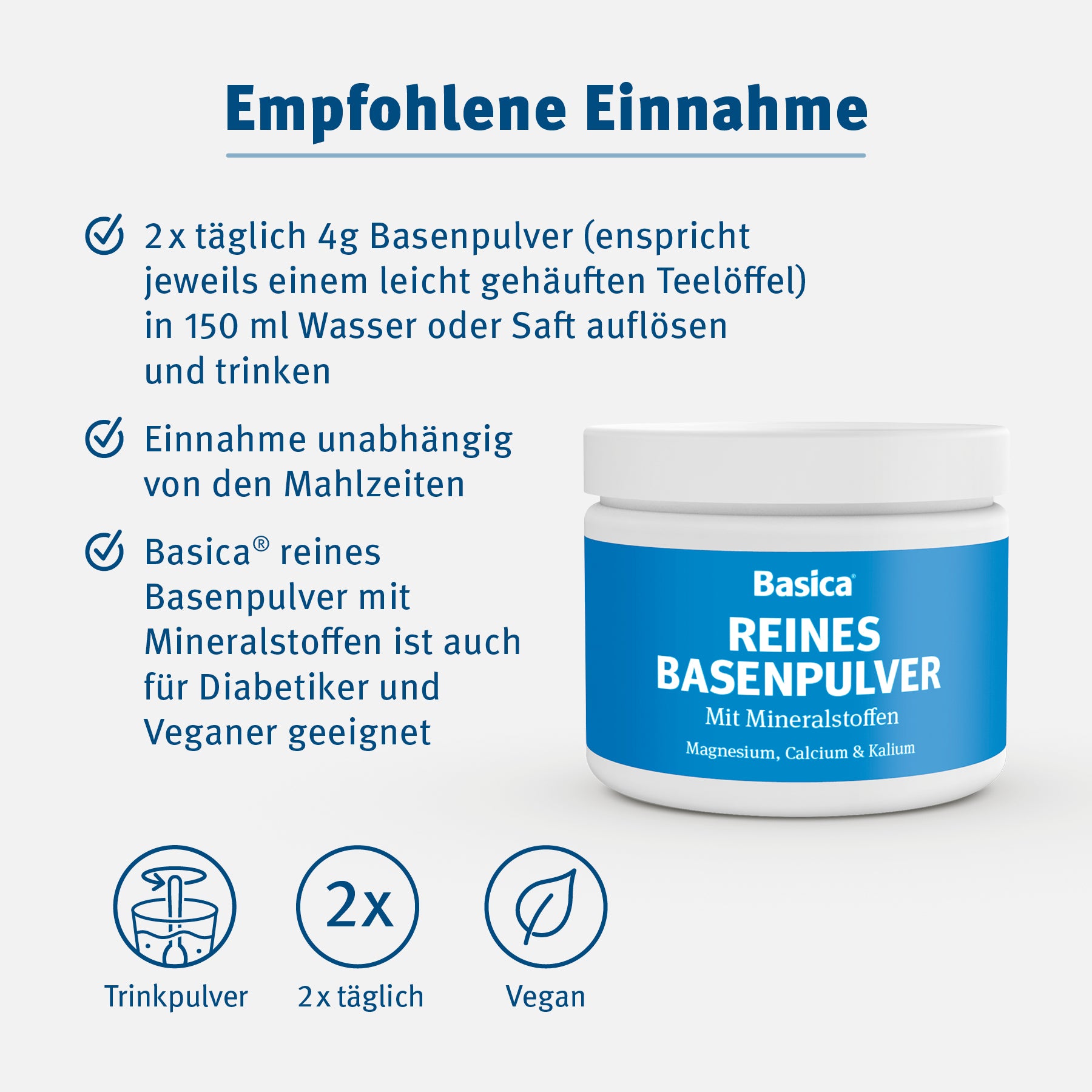 Die empfohlene Einnahme. 2 mal täglich 4 g Basenpulver in 150 ml Wasser oder Saft auflösen und trinken.