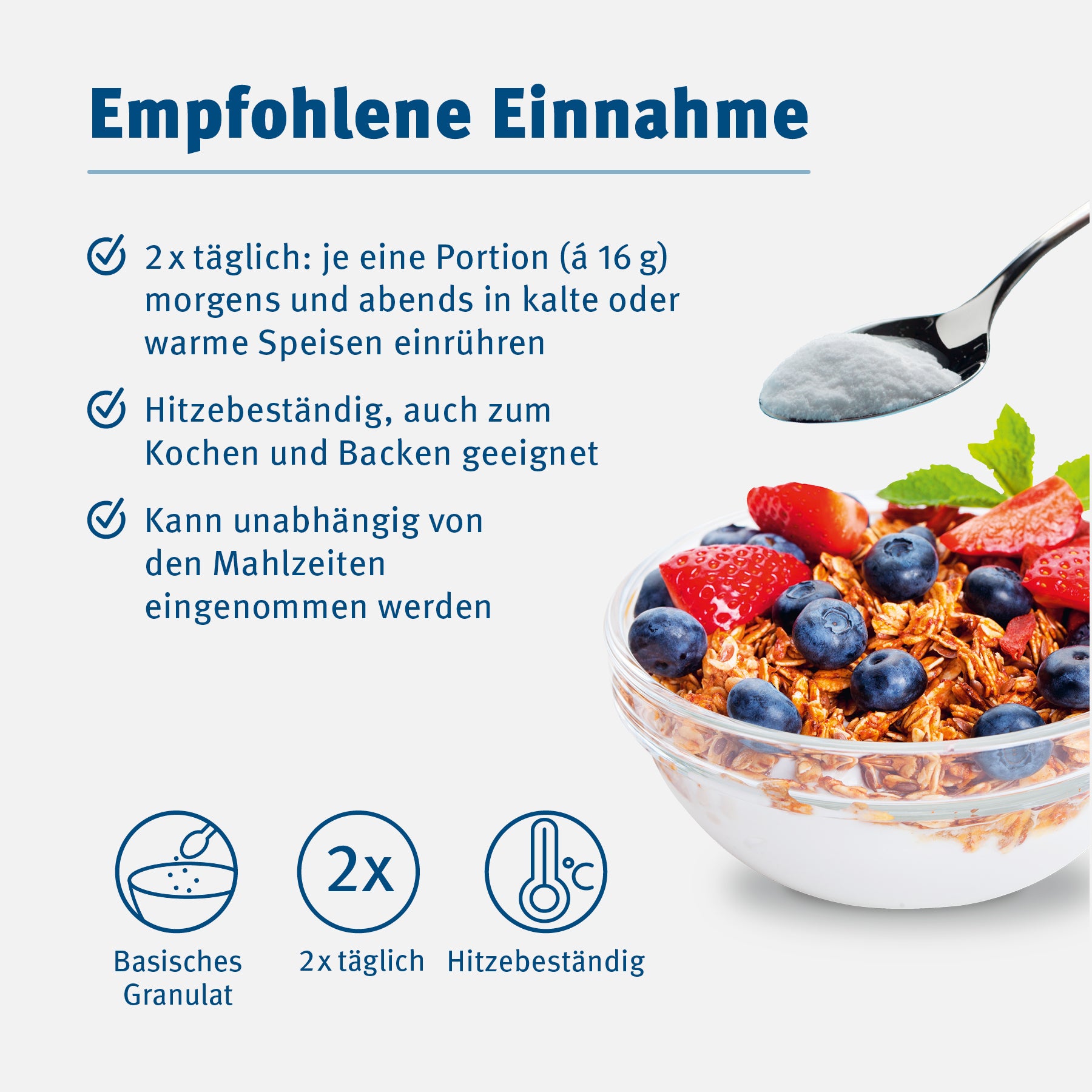 Die empfohlene Einnahme von Basica Vital. 2 mal täglich je eine Portion (16g).