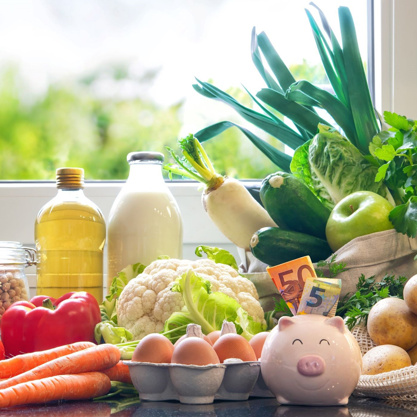 Wocheneinkauf auf der Küchentheke mit Sparschwein